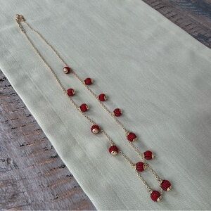 Talbots Costume Jewelry Gold with Red Beaded Balls 17” Adjustable Pretty Classy
